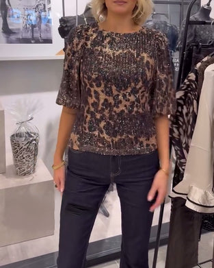 Bluse Med Lanterneermer Paljetter Leopardmønster