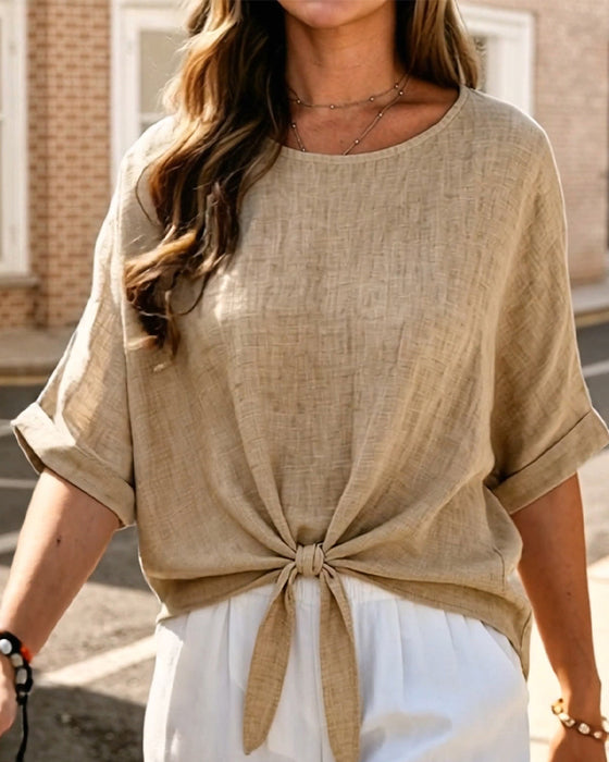 Bluse Rund Hals Knyte Kort Erme