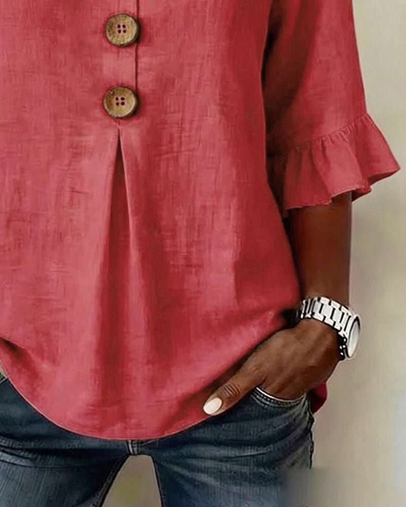 Bluser Ensfarget Bomull-Lin Treknapper Rysjer