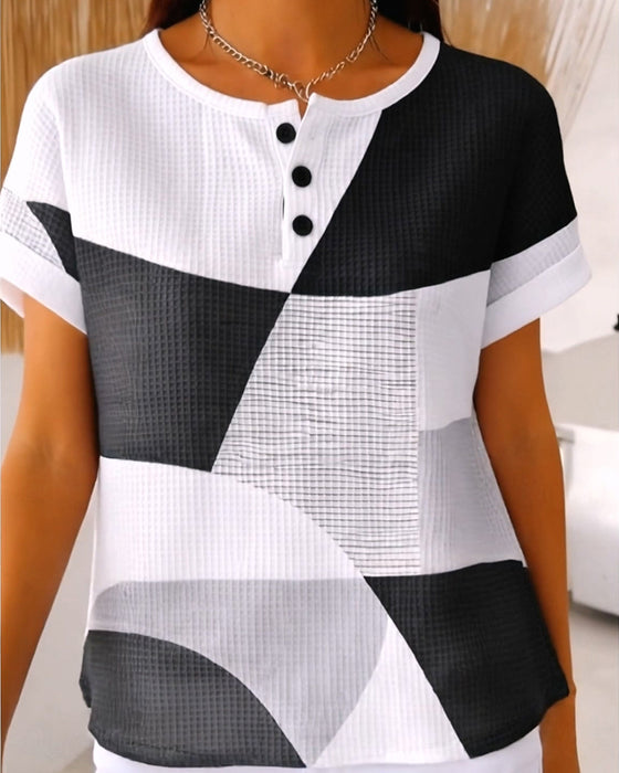Bluse Rundhalset Knapp Fargeblokk Vaffel