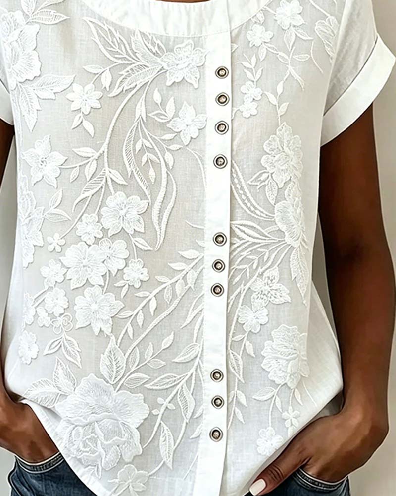 Bluse Blomstret Knapp Rundhalset Kortsermet