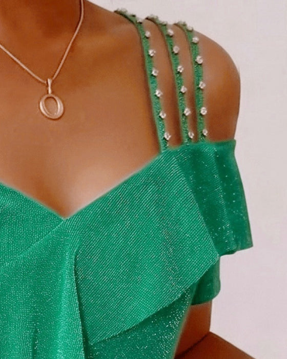 T-Skjorte Diamantstropper Rynket Off-Shoulder V-Hals