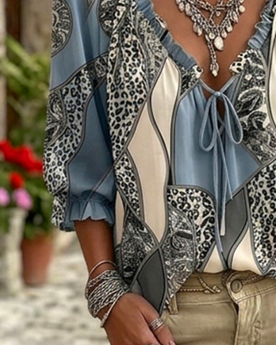 Bluse V-Hals Leopard Puffererme Knyte