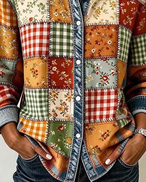 Topp Krage Rutet Denim Patchwork