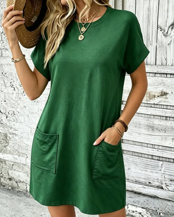 Kjole Rund Hals Dobbel Lomme Solid Avslappnet