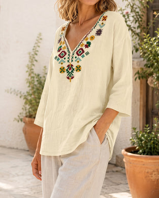 Bluse V-Hals Bohemisk Trykt