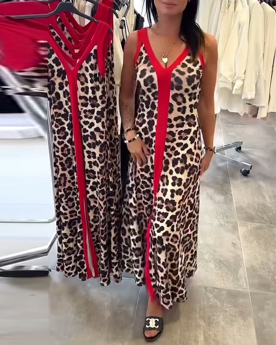Kjole Ermeløs Elegant Leopardmønster Kontrast