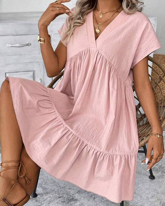 Kjole Solid V-Hals Ruffle-Kant