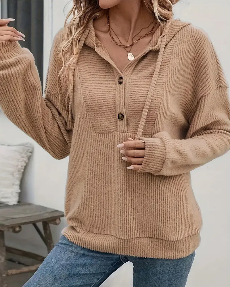 Knappet Ribbet Og Børstet Hettegenser