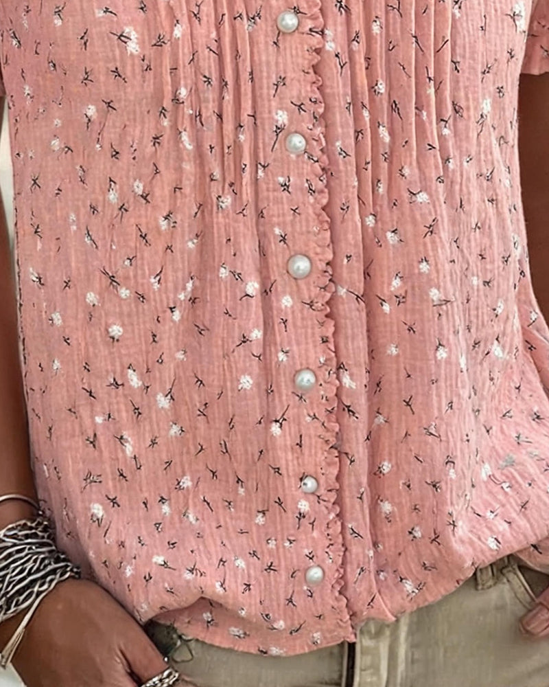 Bluse Pufferme Blomstret Trykk Kortermet