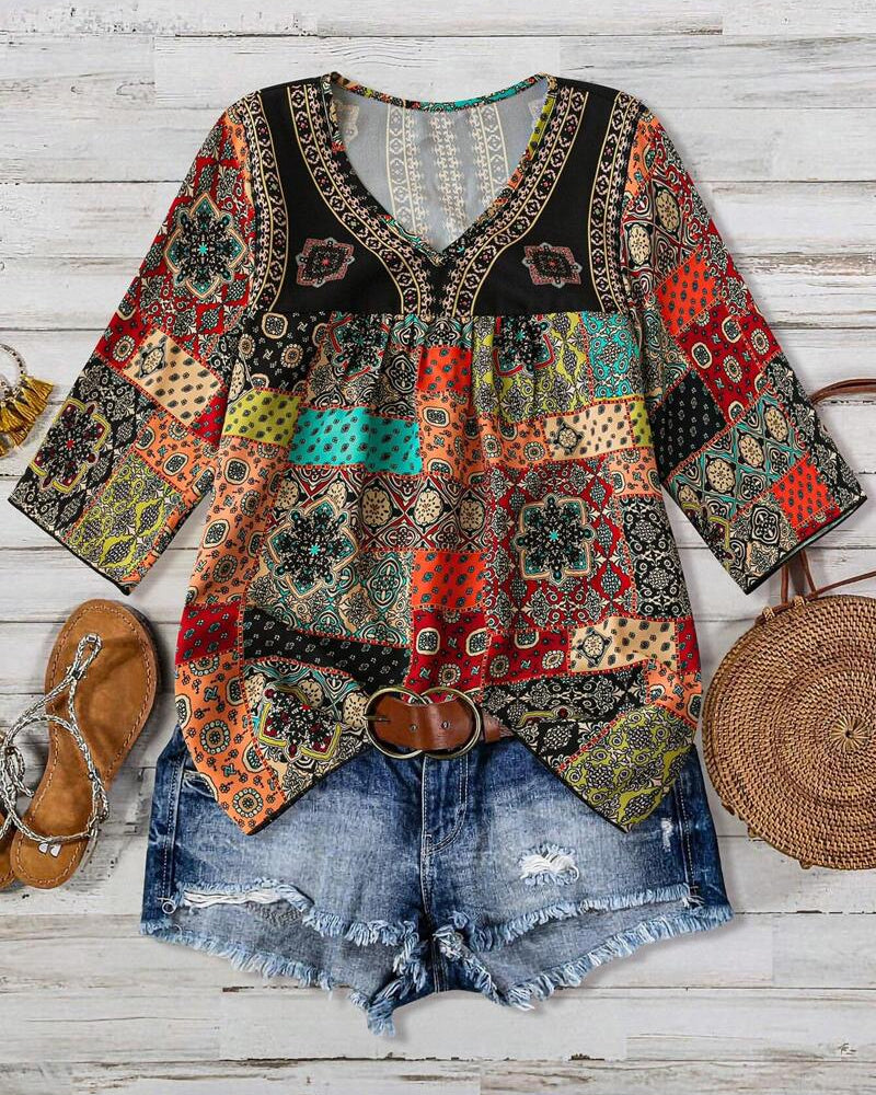 Plissert T-skjorte Med Vintage-Mønster