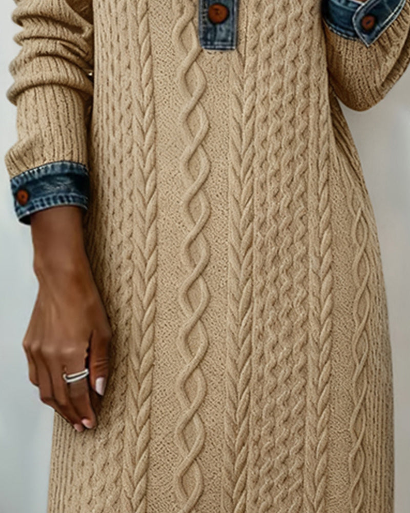 Kragekjole I Denim Med Flettestrikk Og Lappverk