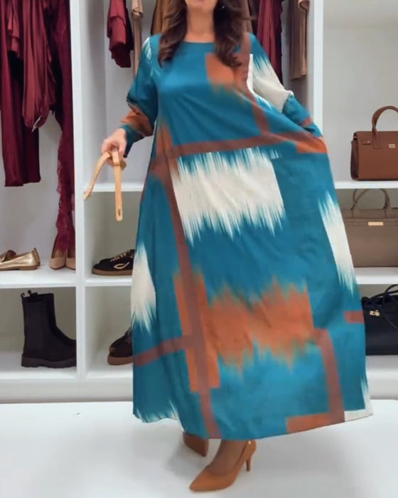 Stilfull Trykt Kjole Med Rund Hals Og Lange Ermer