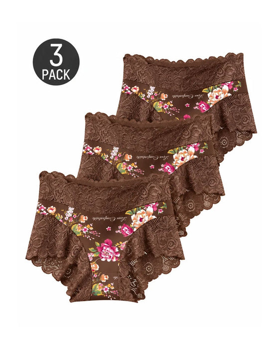 Truser 3-Pack Høy Midje Blomstret Trykk Blonde Kant
