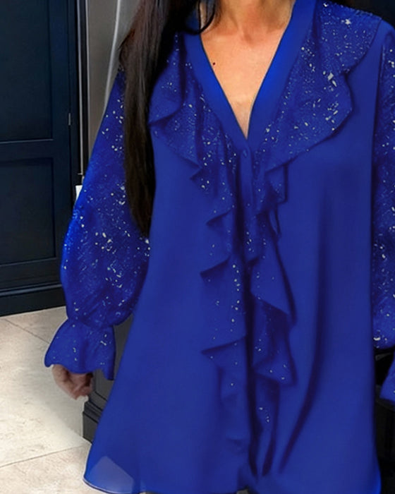 Helfarget Løstsittende Bluser Med Rysjer