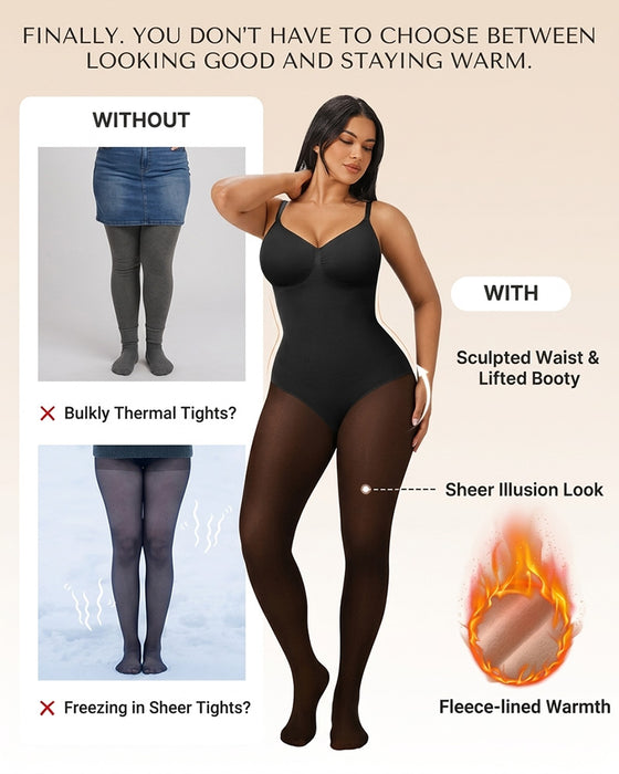 Gjennomsiktig Panel Med Fleeceforet Tights Stay-Warm Magekontroll Sheer Effekt Tights Bodysuit Svart Basic