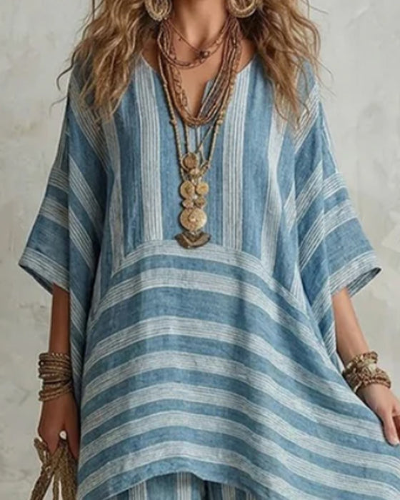 Sett V-Hals Uregelmessig Stripete Matchende