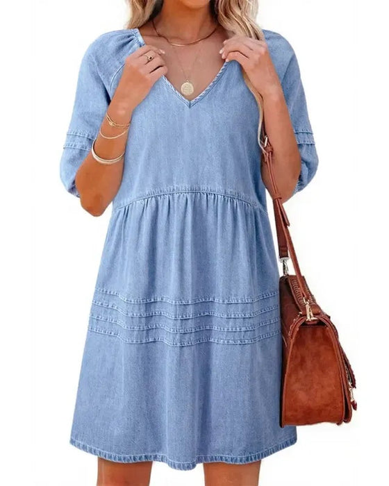 Kjoler Denim V-Hals Puff Erme