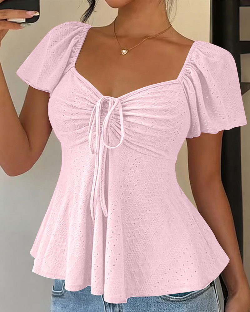Bluse Gjennombrutt Snøring Kort Erme Ensfarget