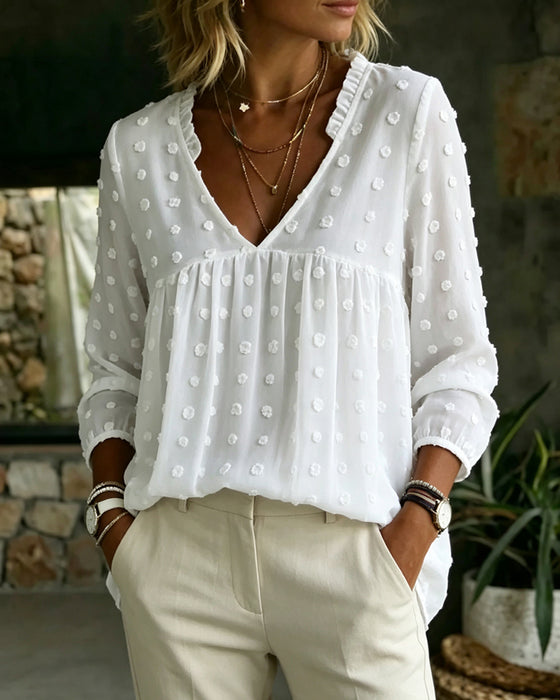 Bluse V-Hals Lang Erme Plissert