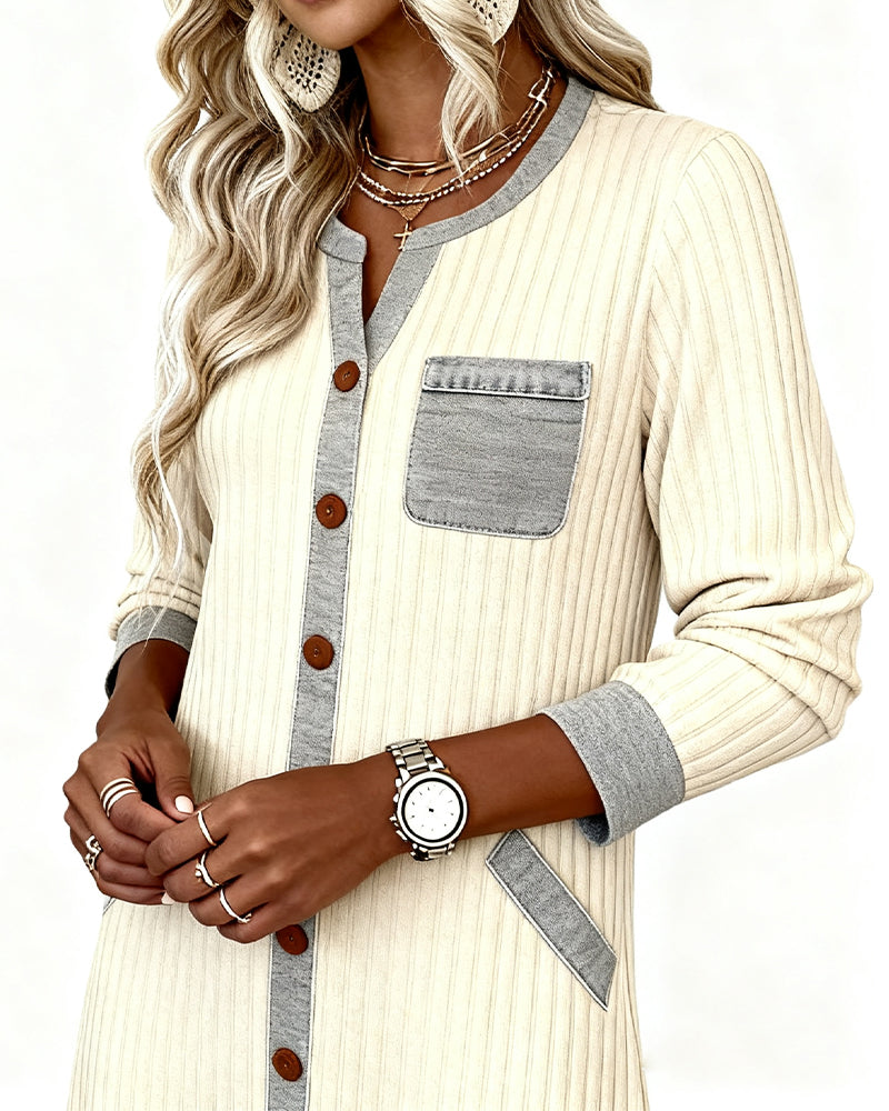 Ribbet Kjole Med Fargeblokking Og Knapper