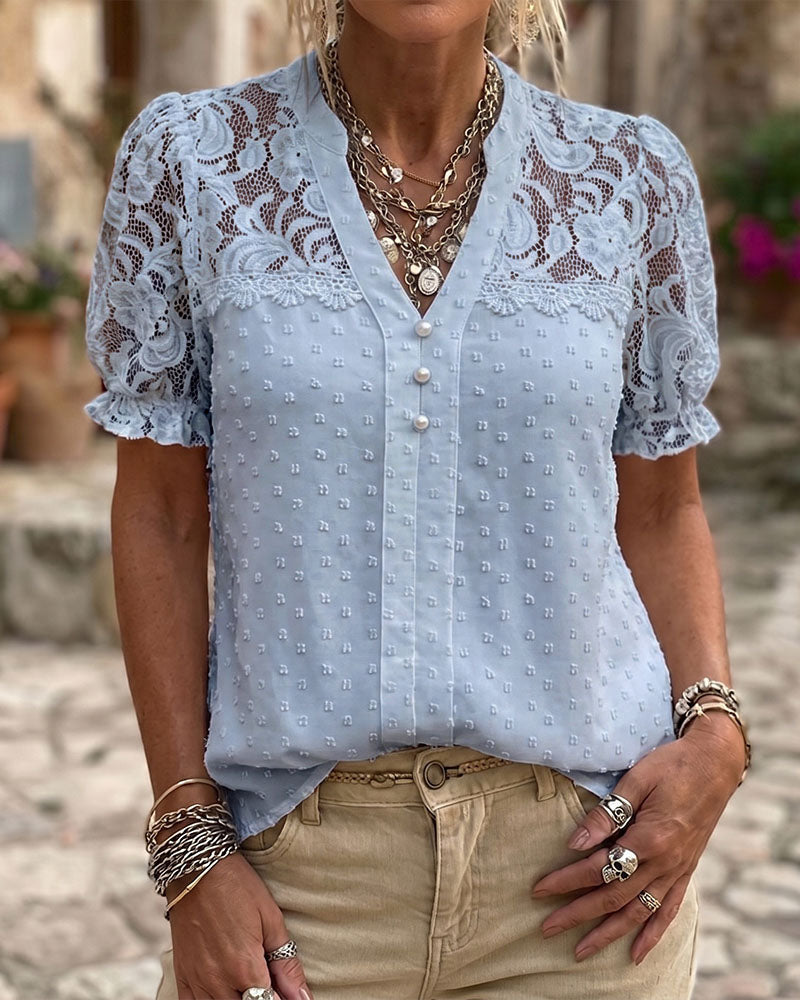 Bluse Kniplingslapparbeid Pufferme V-Hals