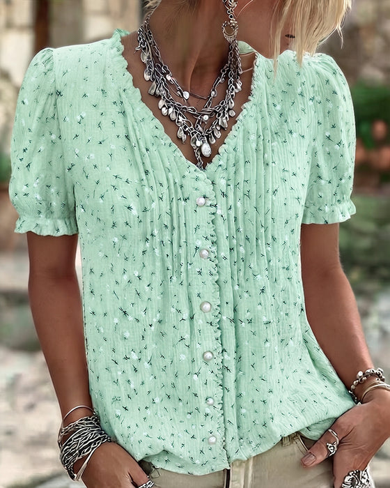 Bluse Pufferme Blomstret Trykk Kortermet