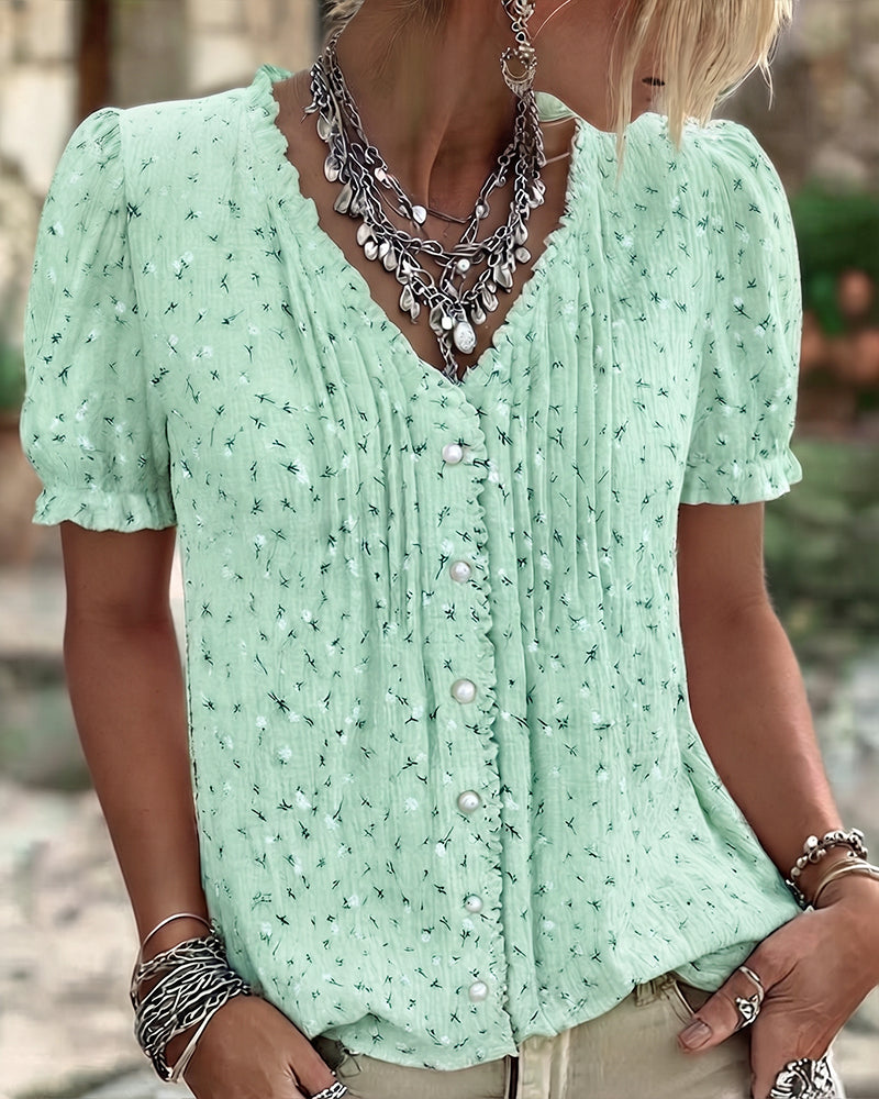 Bluse Pufferme Blomstret Trykk Kortermet