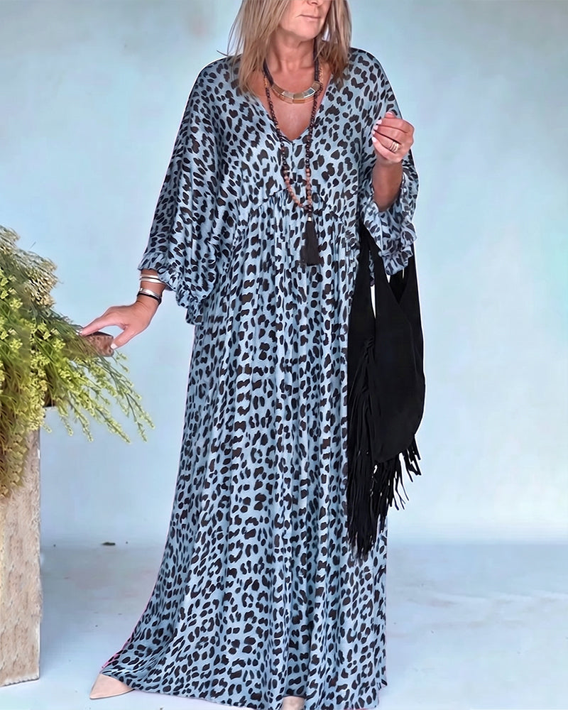 Kjole V-Utringning Leopardtrykk Loose Fit Avslappnet