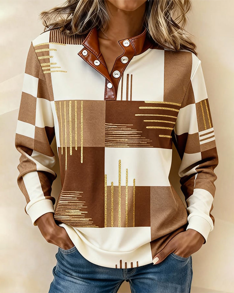 Fargeblokkert Genser Med Ståkrage Og Knappslås Foran