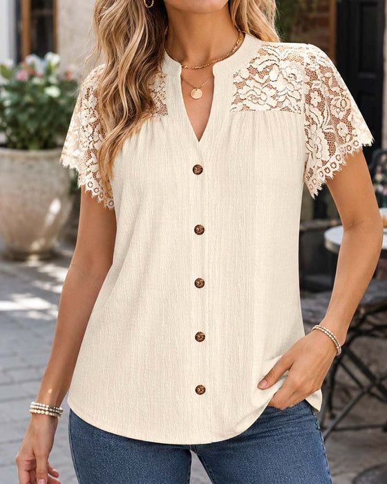 Bluse V-Hals Knapp Blonde Panel