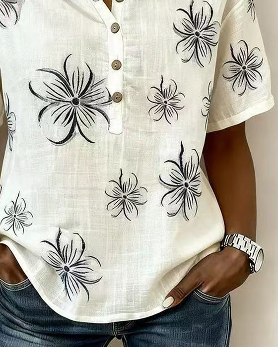 Bluse Crew Neck Knappestang Blomstret Casual
