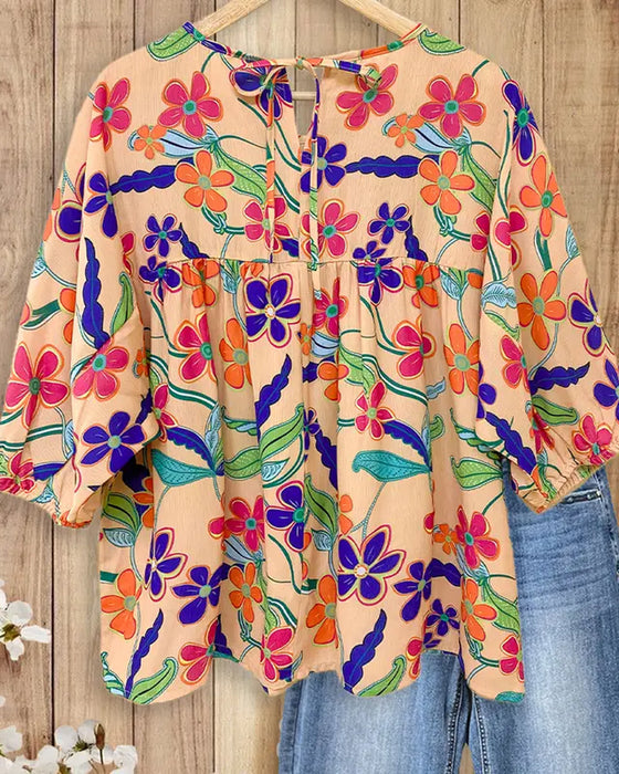 Bluse Plissert Blomst Rund Hals