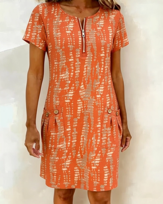 Kjole Trykt Halv-Glidelås Stor Lomme