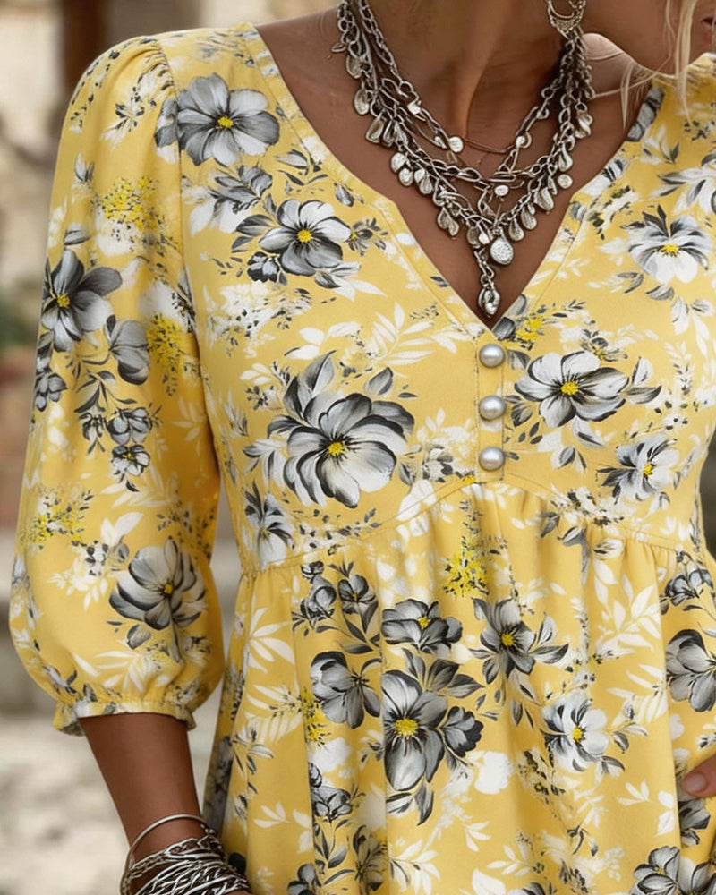 Bluse V-Hals 3/4 Erme Blomstret
