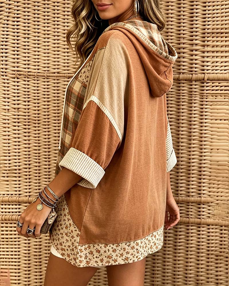 Hoodie Rute Stripe Blomstret Patchwork