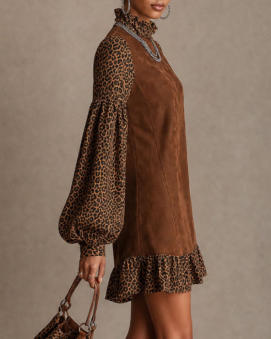 Kjole Leopard Trykk Lanterne Erme Rynket Rett Mini