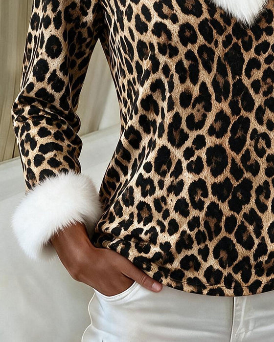 Topp V-Hals Pels Krage Leopard
