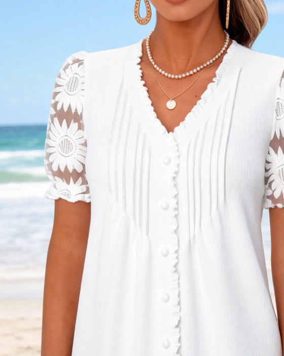 T-Shirt V-Hals Knapp Plissert Blonder Patchwork