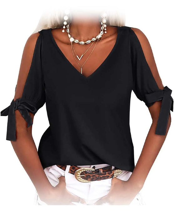 Bluse V-Hals Cold Shoulder Sløyfe Ensfarget