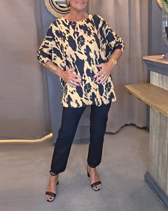 Bluse Rund Hals Trykt Splitt