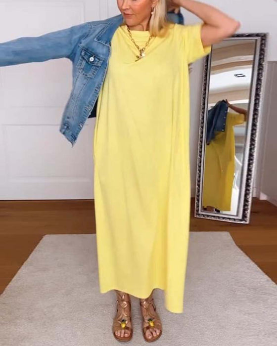 Kjole Casual Rund Hals Ensfarget Rett
