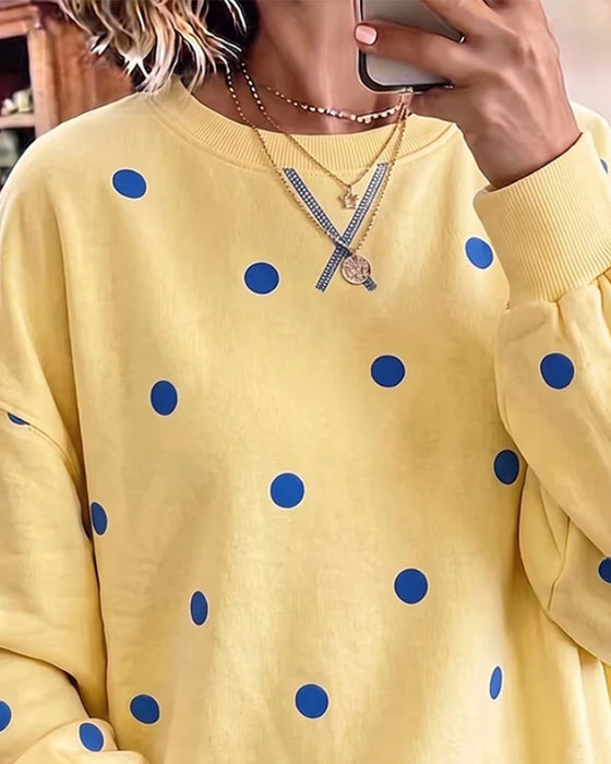 Sweatshirt Rund Hals Prikket Sliss Drop Skulder Asymmetrisk