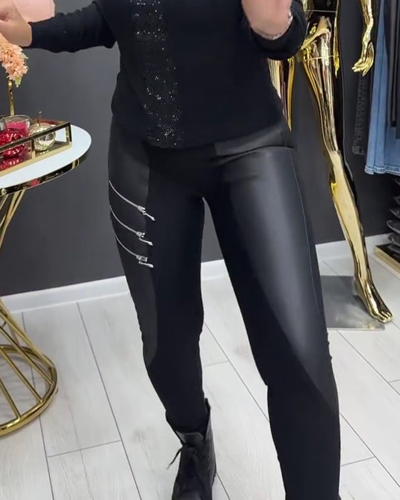Leggings PU Lappverk Glidelås Utsmykket