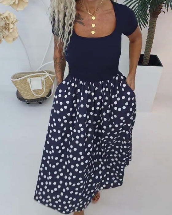 Kjole Firkantet Hals Polka Dot Patchwork