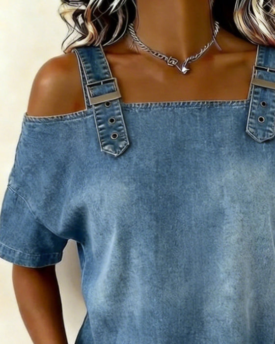 Kjole Skulderfri Knappet Denim