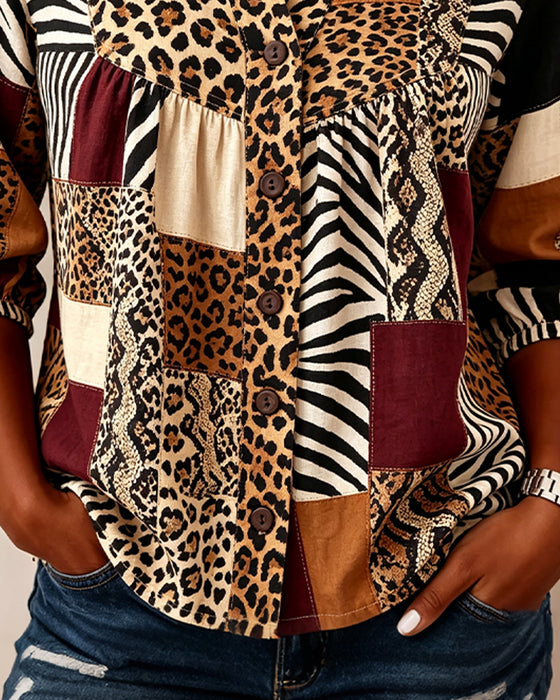 Bluse Leopard Fargeblokk V-Hals