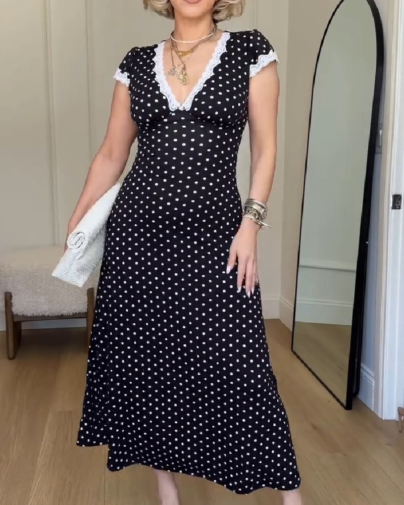 Kjole Retro Prikket Blondkantet