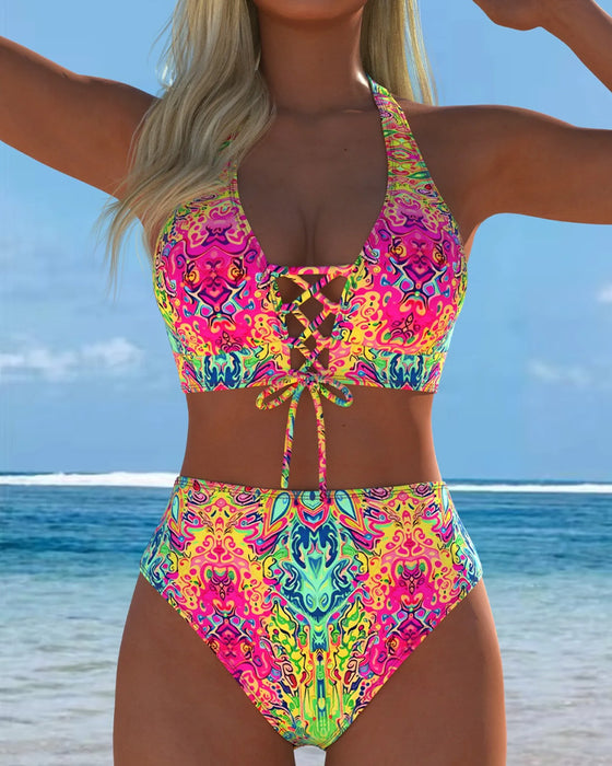Bikini Fargerik Trykt Halter Neck Splitt