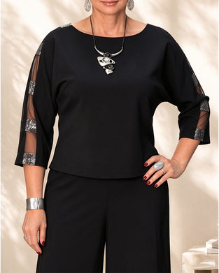 Bluse Rund Hals Sheer Trekvart Erme